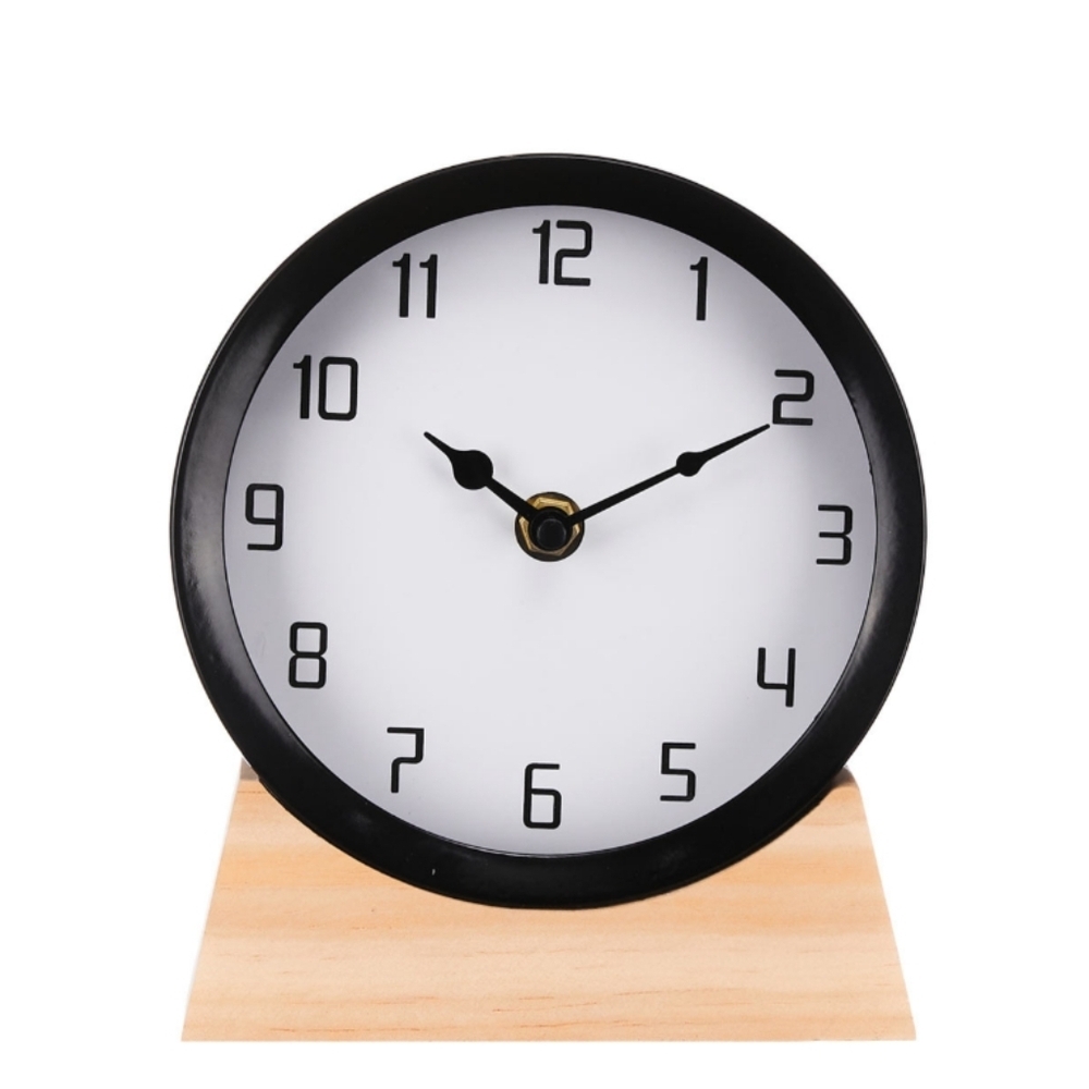 * Metal & Wood Table Clock Decor Black With Wooden Base New